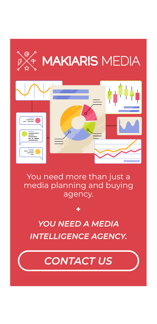 Makiaris Media mobile ad displaying charts and graphs with the message "You need a media intelligence agency" and a Contact Us button